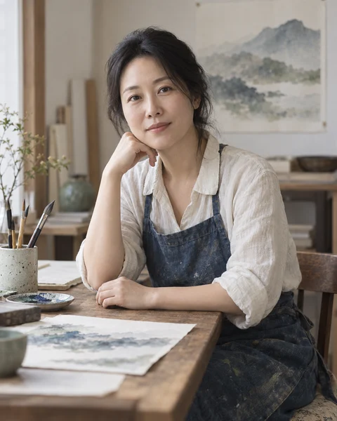 수채화 작업실에 앉아 있는 가상 작가 한서윤의 AI 생성 초상