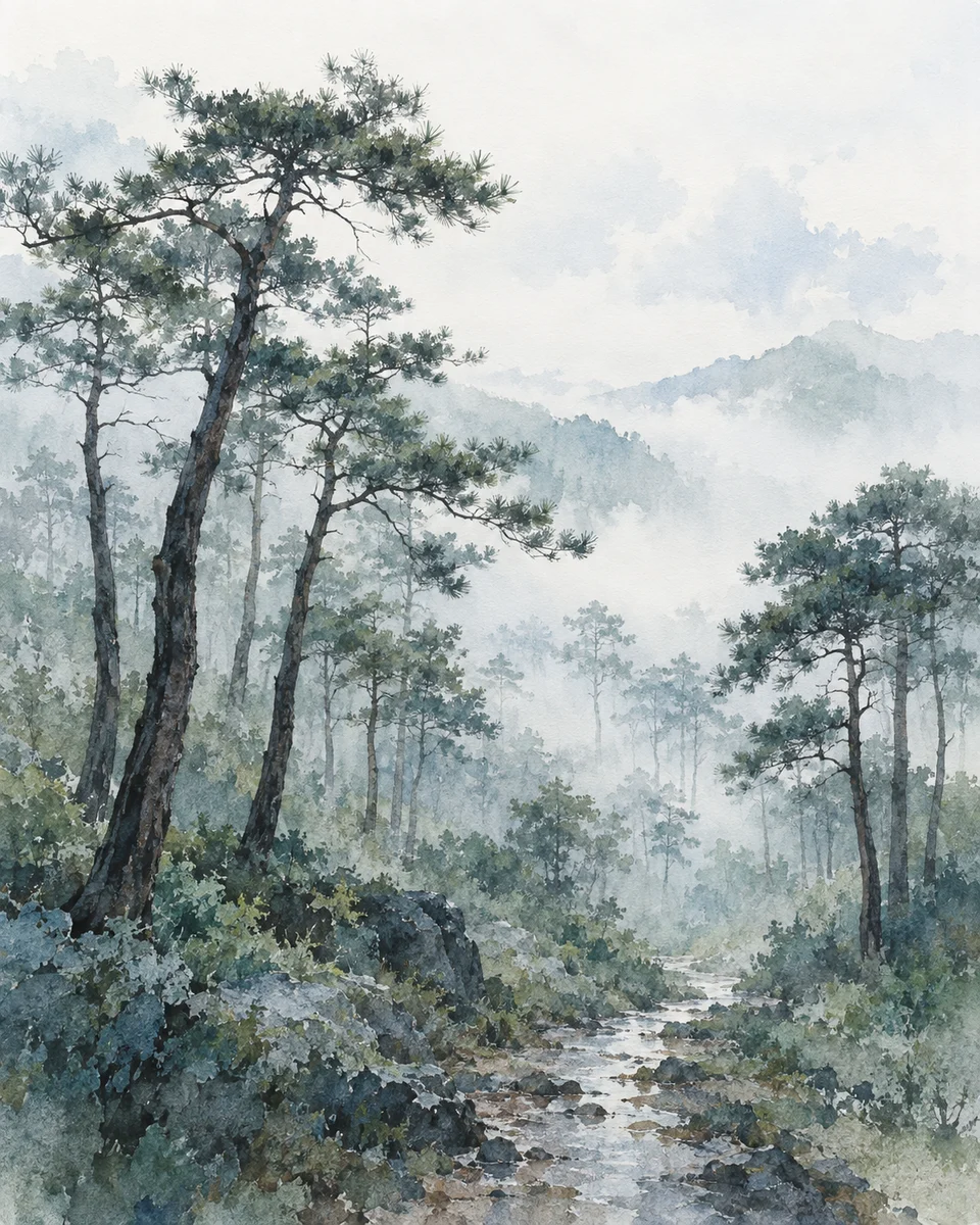 안개와 청록빛 번짐 사이로 소나무와 젖은 길이 이어지는 세로형 수채화 콘셉트